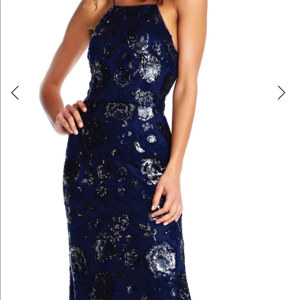Size 12 Adrianna Papell navy floral halter sequined formal dress